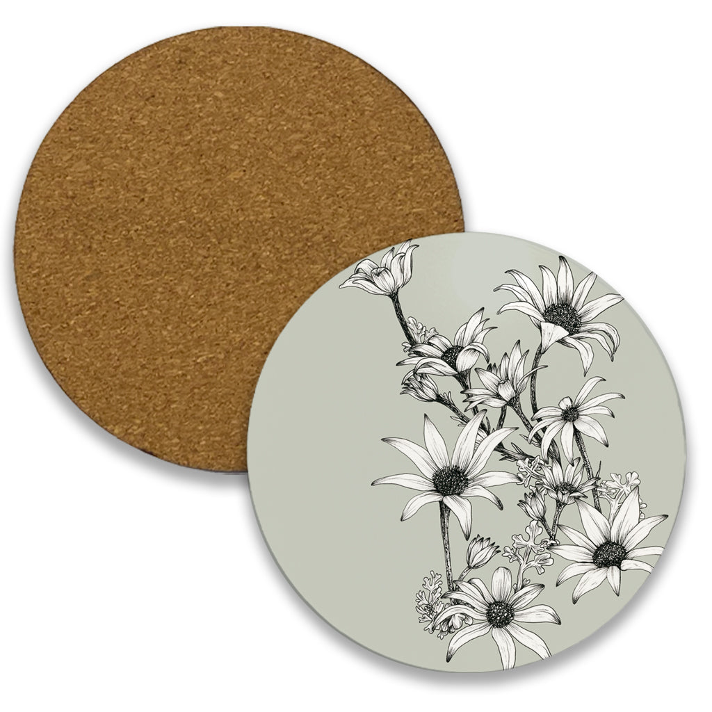 Coasters (round cork) Set of 4 | Flannel Flower design