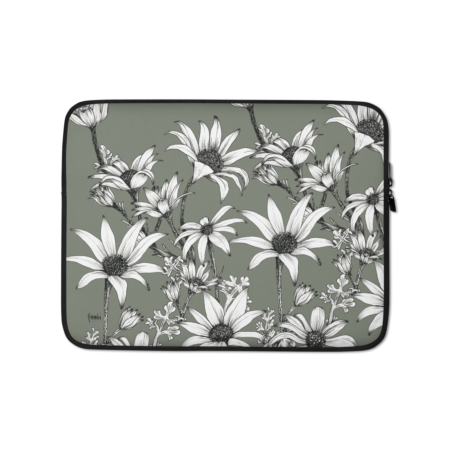 Laptop Sleeve Flannel Flowers Dark Sage