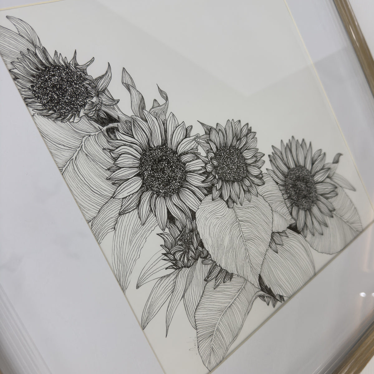 Sunflowers Oblique Framed | Original Artwork | Ink Line Art Artwork Frianki