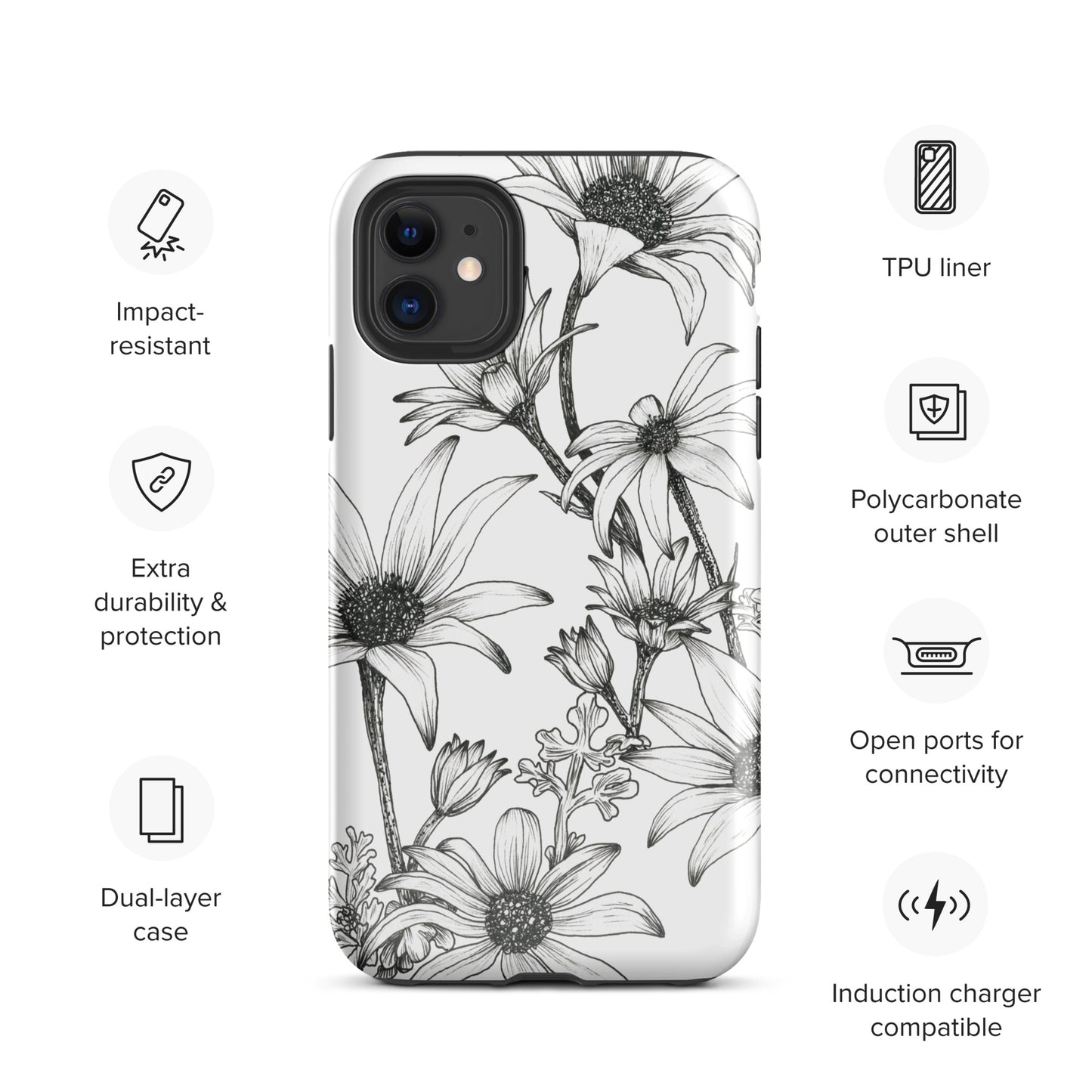 Tough Case for iPhone® 11/12/13/14/15 | Flannel Flower White