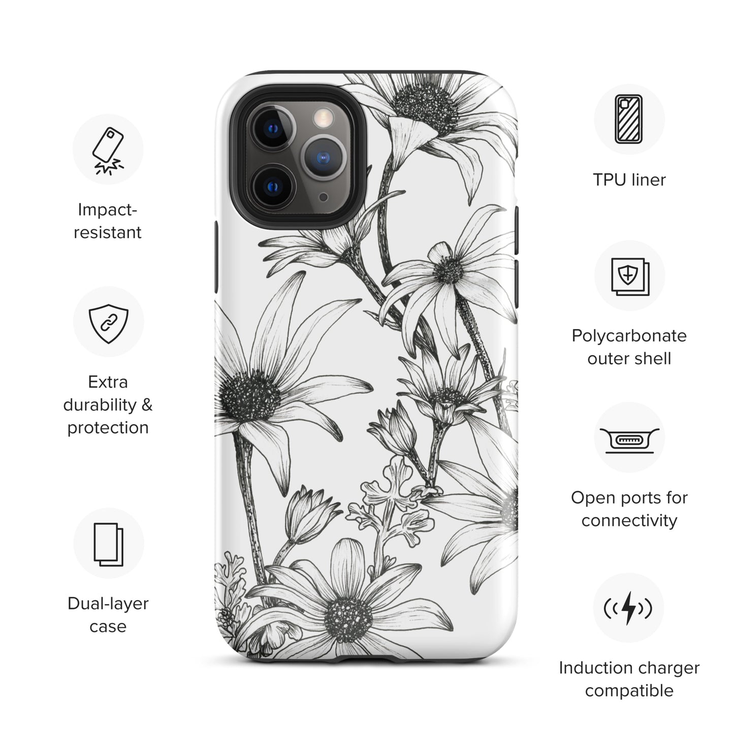Tough Case for iPhone® 11/12/13/14/15 | Flannel Flower White