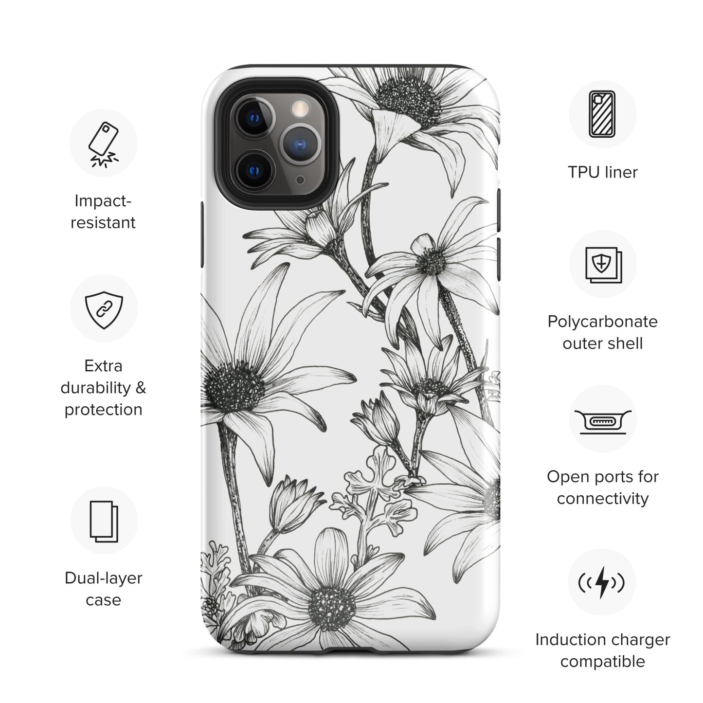 Tough Case for iPhone® 11/12/13/14/15 | Flannel Flower White