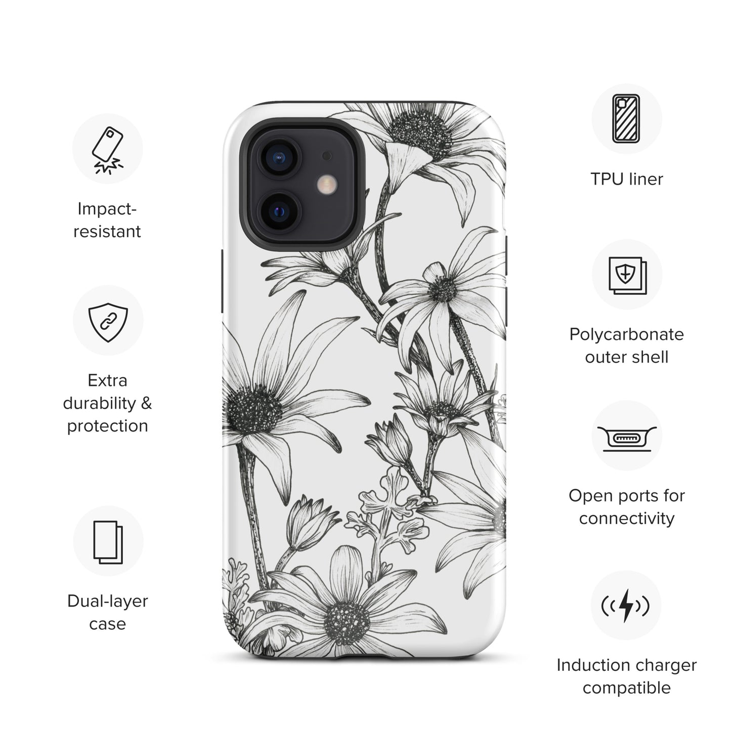 Tough Case for iPhone® 11/12/13/14/15 | Flannel Flower White