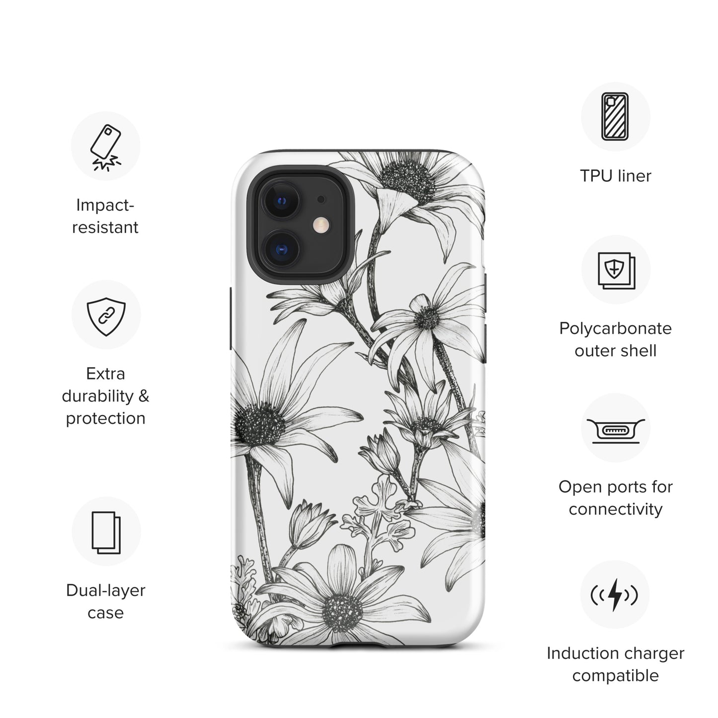 Tough Case for iPhone® 11/12/13/14/15 | Flannel Flower White
