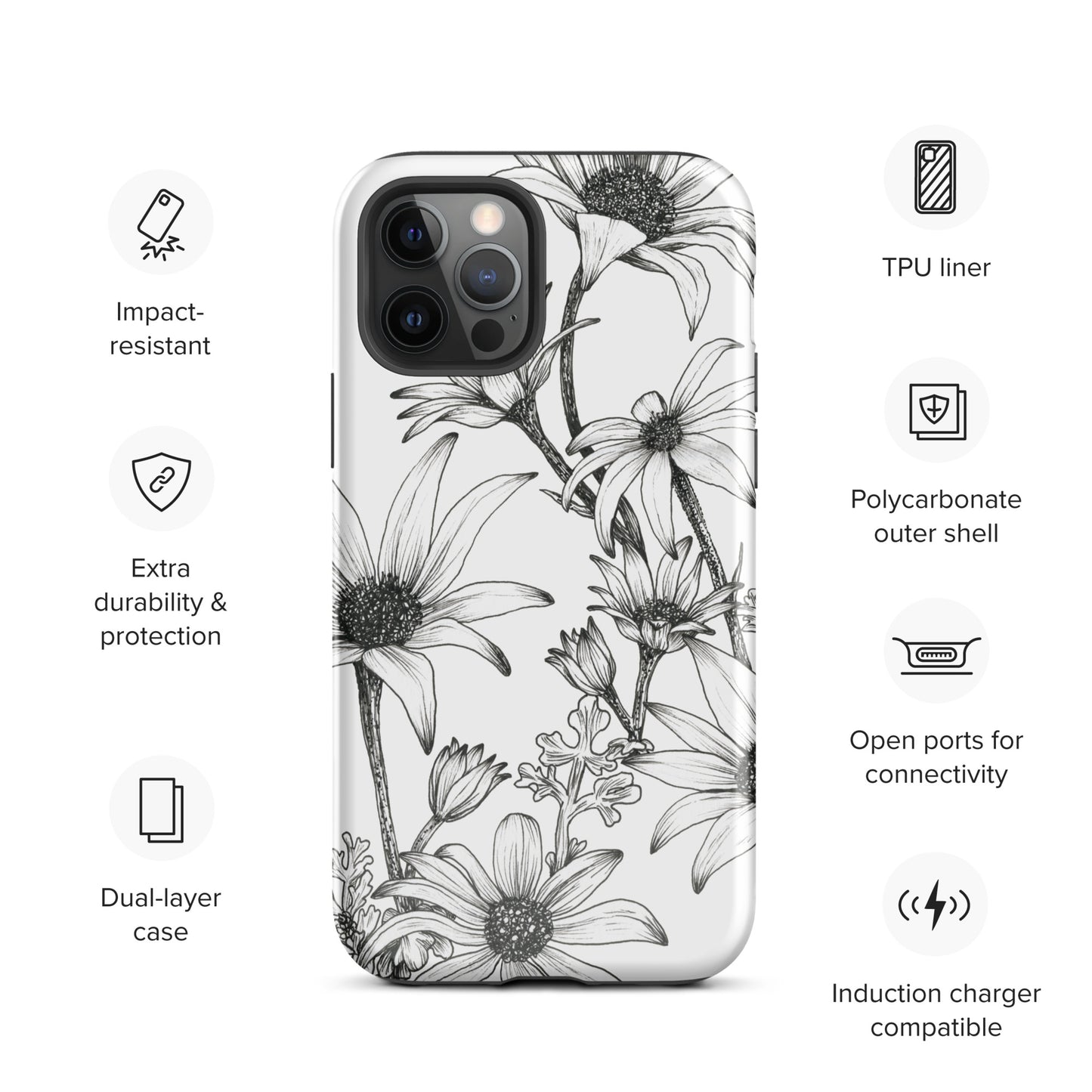 Tough Case for iPhone® 11/12/13/14/15 | Flannel Flower White