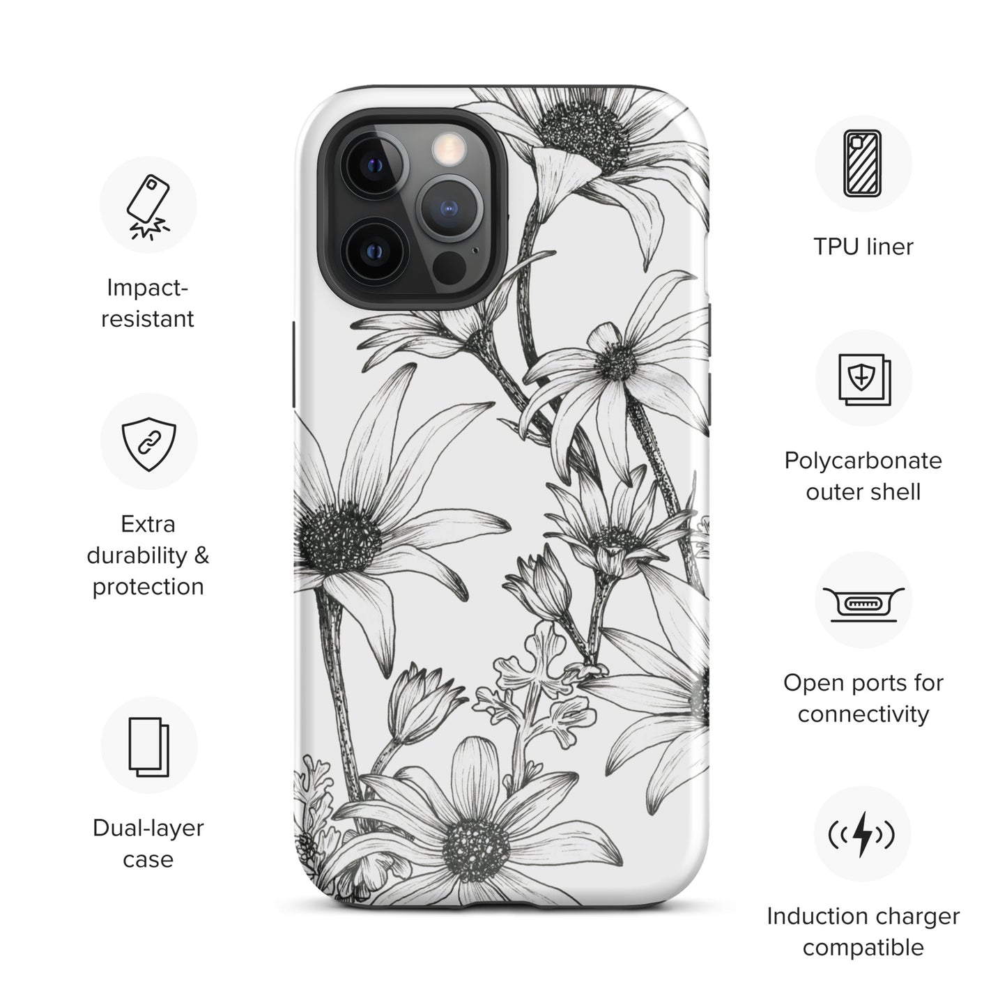 Tough Case for iPhone® 11/12/13/14/15 | Flannel Flower White