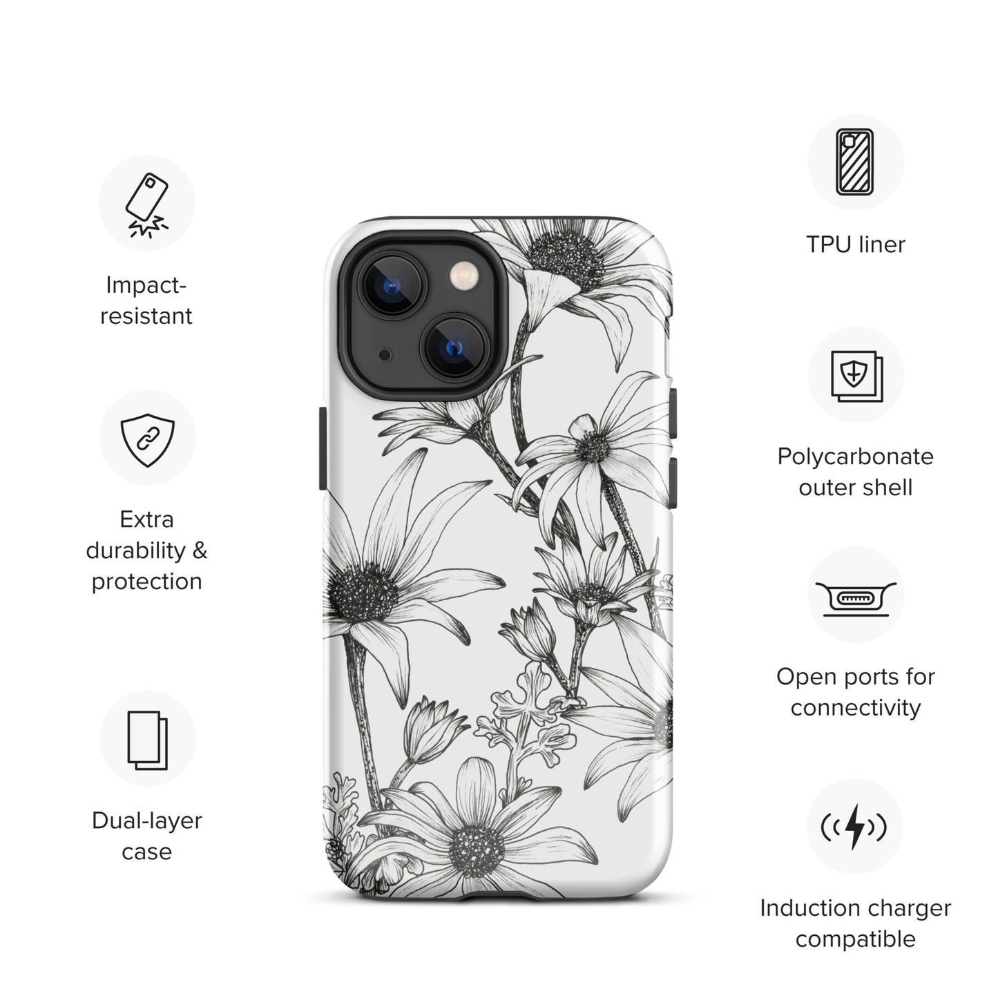 Tough Case for iPhone® 11/12/13/14/15 | Flannel Flower White