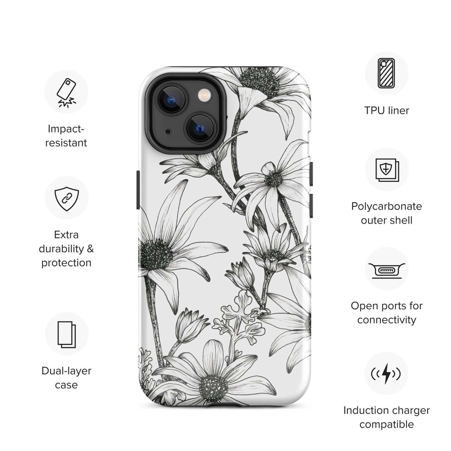 Tough Case for iPhone® 11/12/13/14/15 | Flannel Flower White