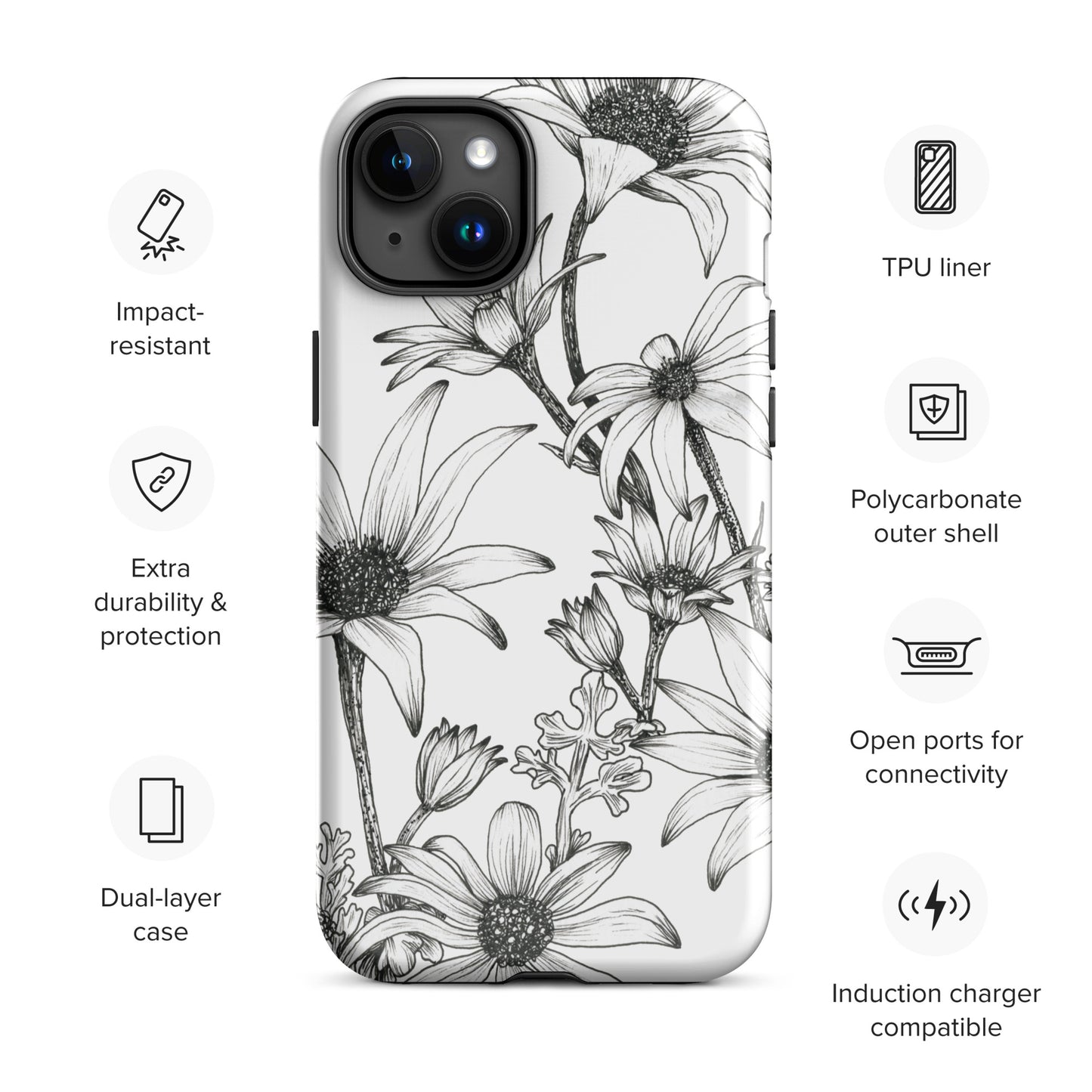 Tough Case for iPhone® 11/12/13/14/15 | Flannel Flower White