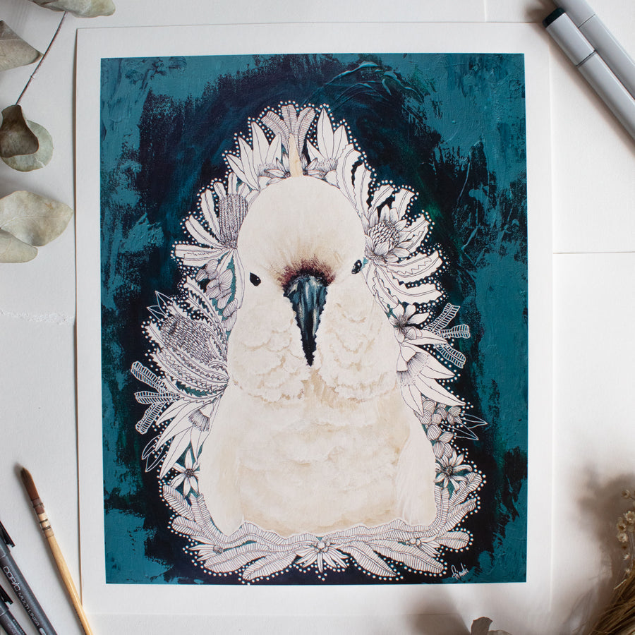 White Cockatoo | Australian Art Print | Mixed Media | Wall Art Artwork Frianki
