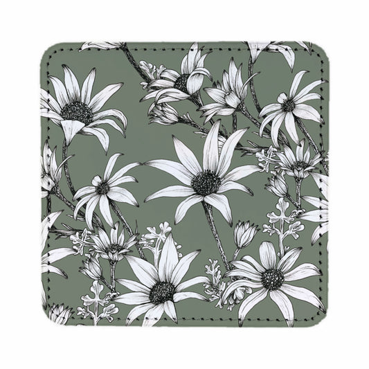 Leather Coasters (Square) Set of 4 | Flannel Flower design