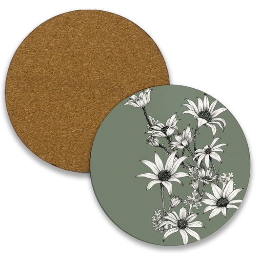 Coasters (round cork) Set of 4 | Flannel Flower design