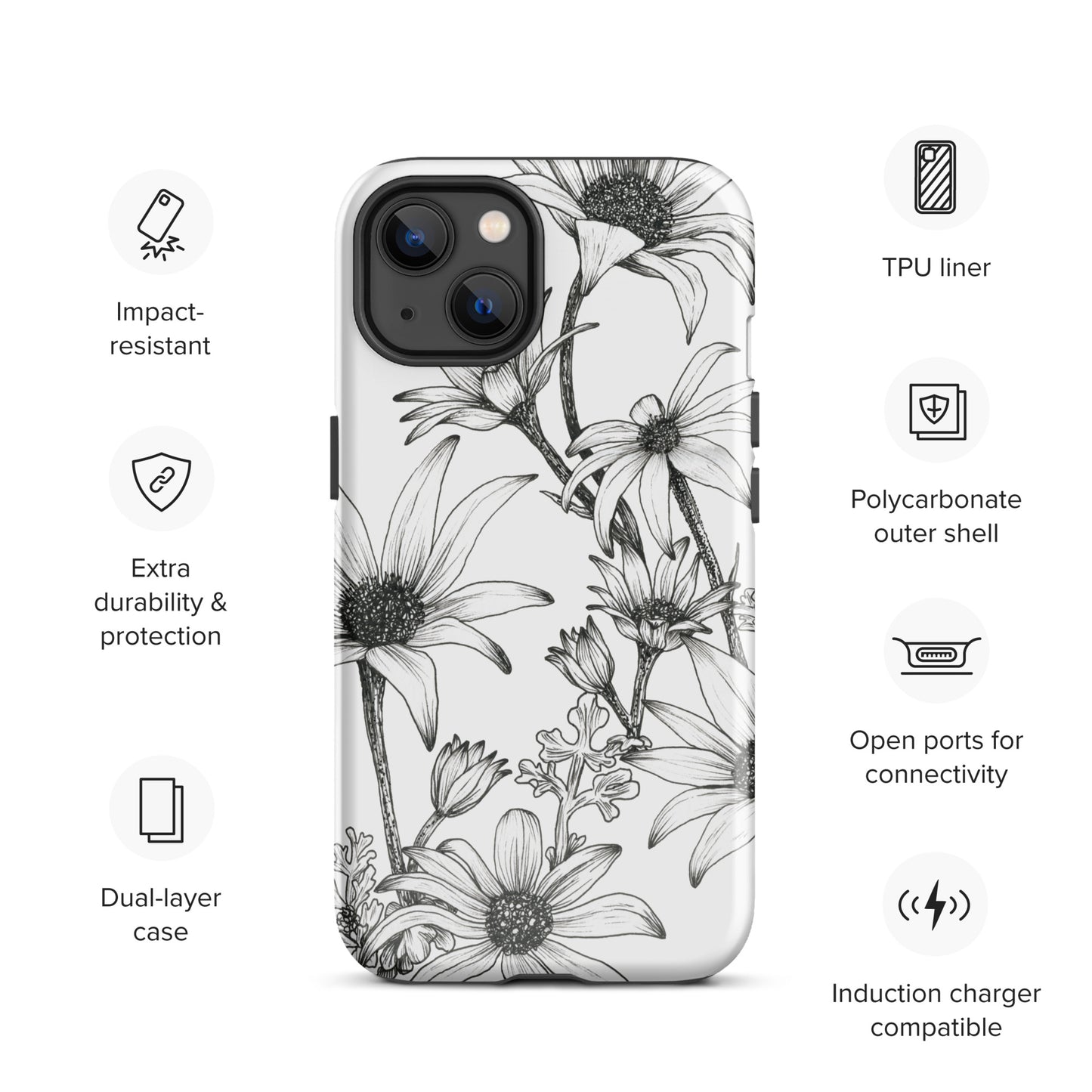 Tough Case for iPhone® 11/12/13/14/15 | Flannel Flower White