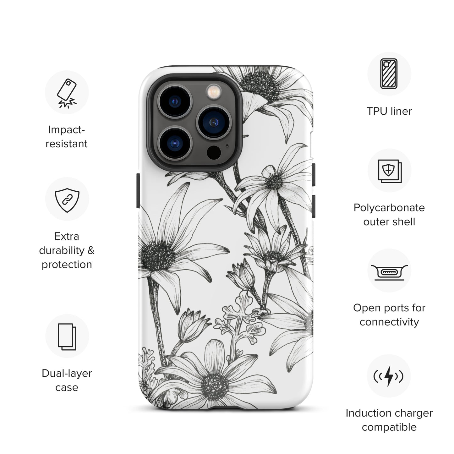 Tough Case for iPhone® 11/12/13/14/15 | Flannel Flower White