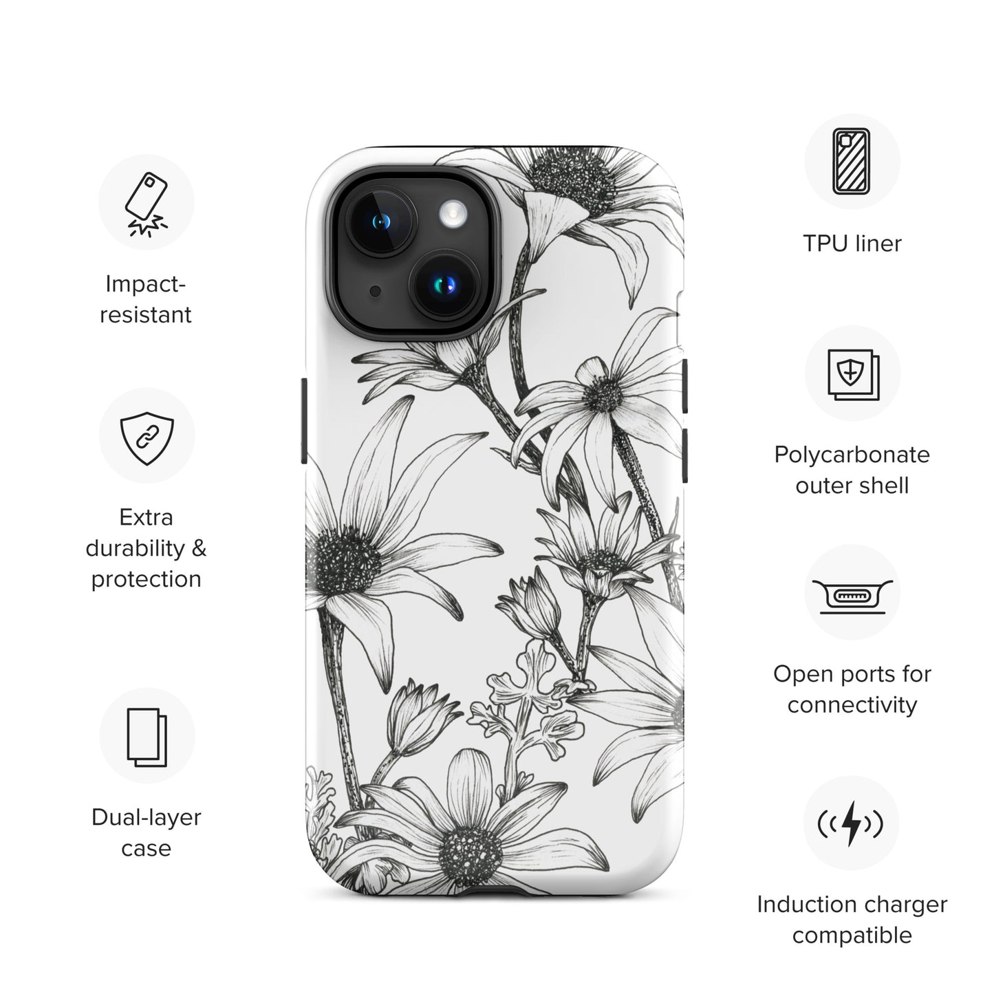 Tough Case for iPhone® 11/12/13/14/15 | Flannel Flower White