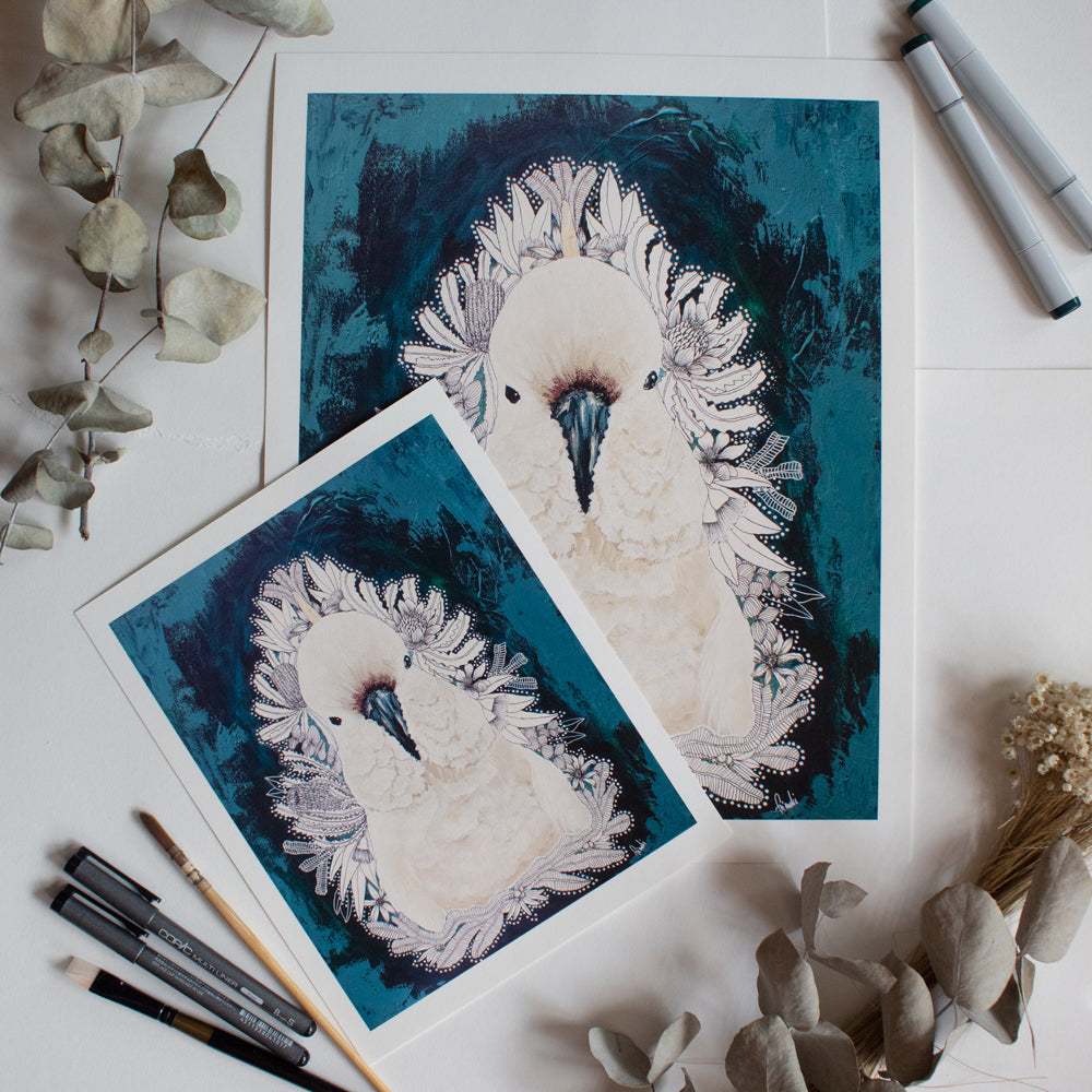 White Cockatoo | Australian Art Print | Mixed Media | Wall Art  Artwork Frianki