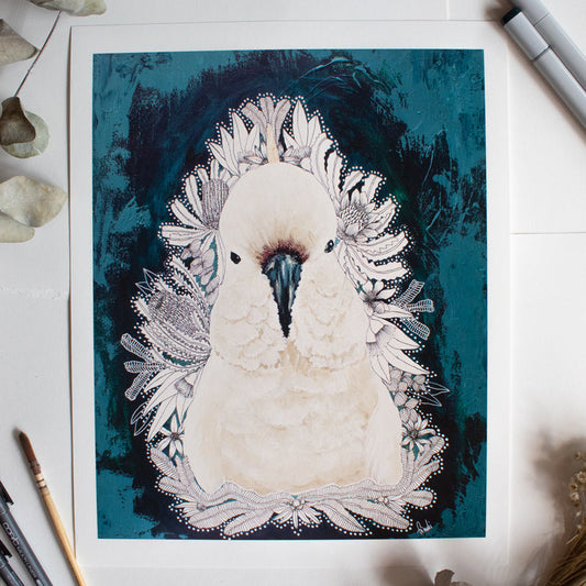 White Cockatoo | Australian Art Print | Mixed Media | Wall Art  Artwork Frianki